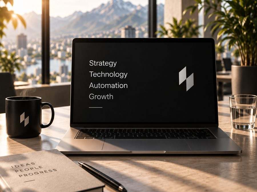 Laptop mit Strategiepräsentation vor Bergpanorama