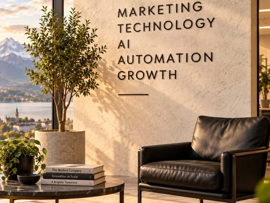 Wand mit den Begriffen Marketing, Technology, AI, Automation