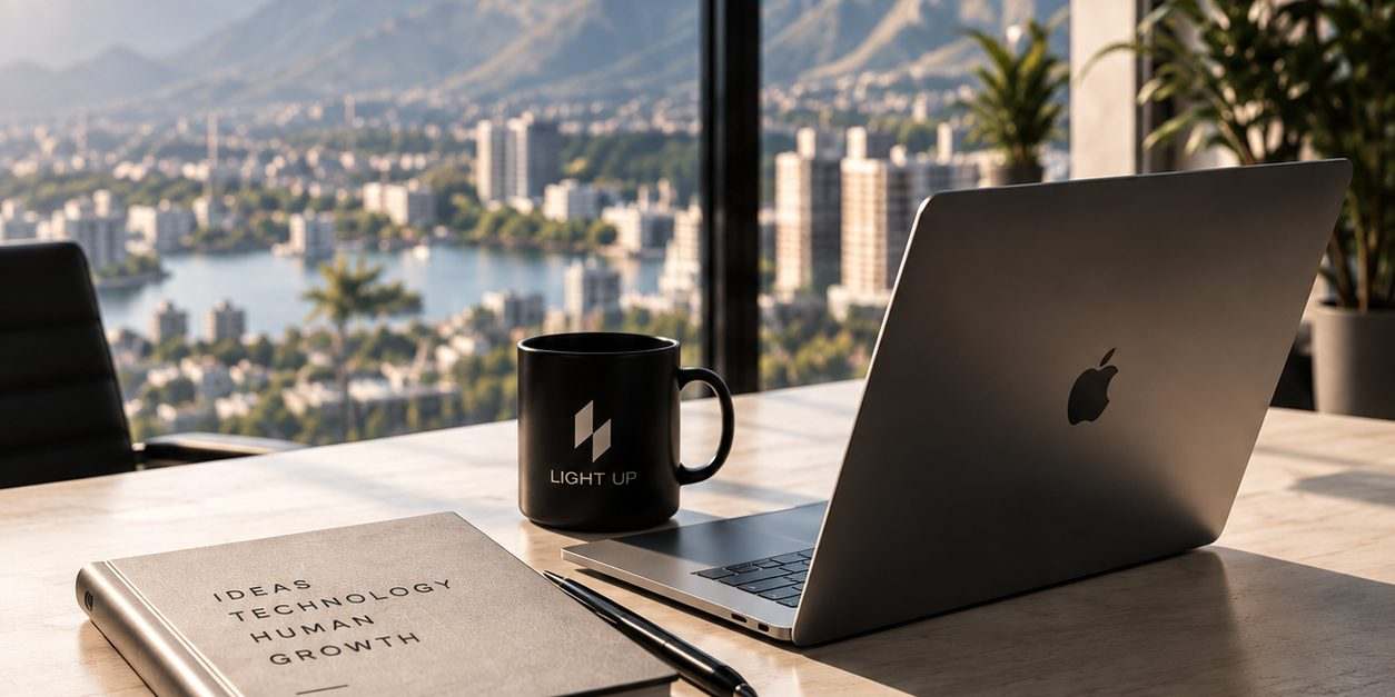 Arbeitsplatz mit Laptop und Blick über Tal und See